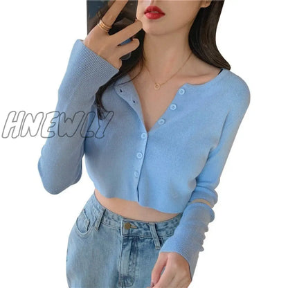 xsrrr Sexy V Neck Button Long Sleeve Sweaters Spring Autumn Women Thin Single Breasted Sweater Lady Cropped Tops Jumper