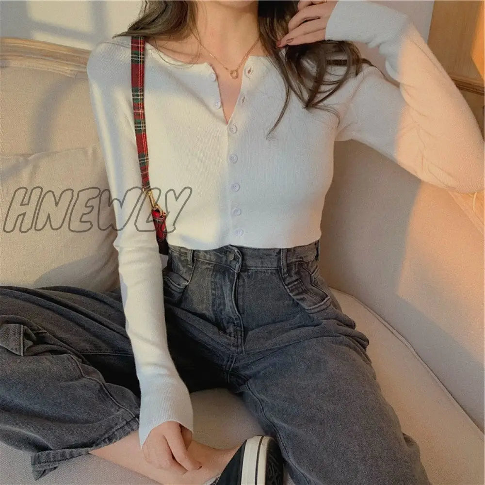 xsrrr Sexy V Neck Button Long Sleeve Sweaters Spring Autumn Women Thin Single Breasted Sweater Lady Cropped Tops Jumper