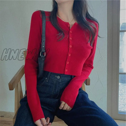 xsrrr Sexy V Neck Button Long Sleeve Sweaters Spring Autumn Women Thin Single Breasted Sweater Lady Cropped Tops Jumper