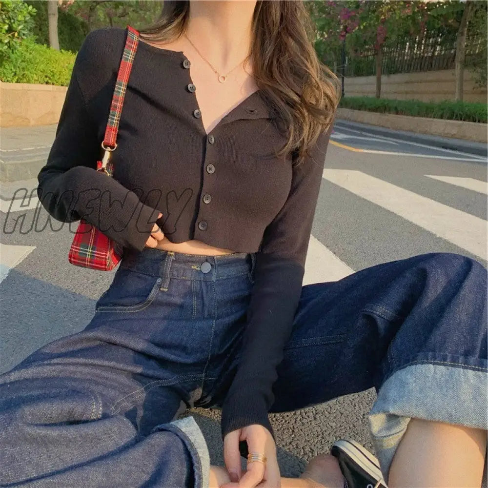 xsrrr Sexy V Neck Button Long Sleeve Sweaters Spring Autumn Women Thin Single Breasted Sweater Lady Cropped Tops Jumper