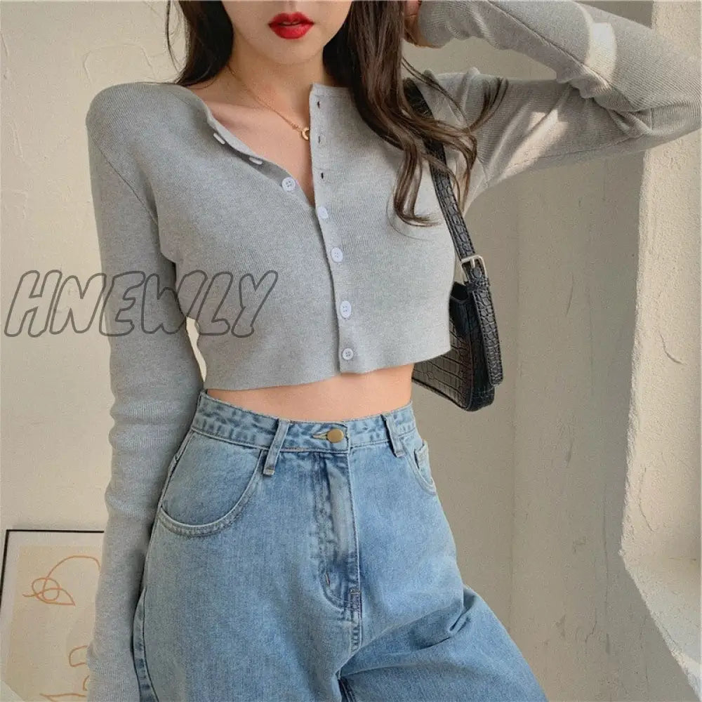 xsrrr Sexy V Neck Button Long Sleeve Sweaters Spring Autumn Women Thin Single Breasted Sweater Lady Cropped Tops Jumper