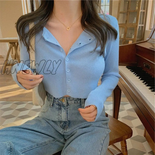 xsrrr Sexy V Neck Button Long Sleeve Sweaters Spring Autumn Women Thin Single Breasted Sweater Lady Cropped Tops Jumper