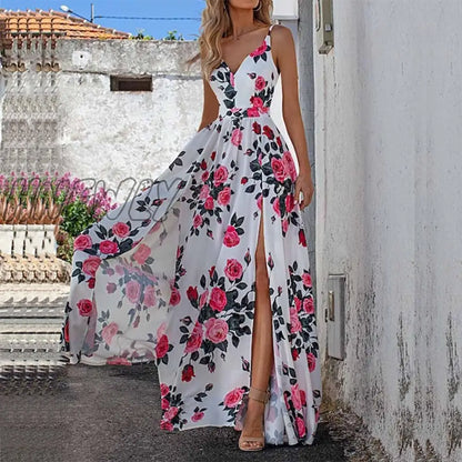 xsrrr Sexy V Neck Floral Print Sling Dress Women Elegant Chic Slit Beach Maxi Dress Summer Fashion Waist Zipper Backless Party Dresses