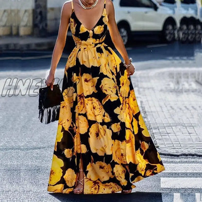 xsrrr Sexy V Neck Floral Print Sling Dress Women Elegant Chic Slit Beach Maxi Dress Summer Fashion Waist Zipper Backless Party Dresses