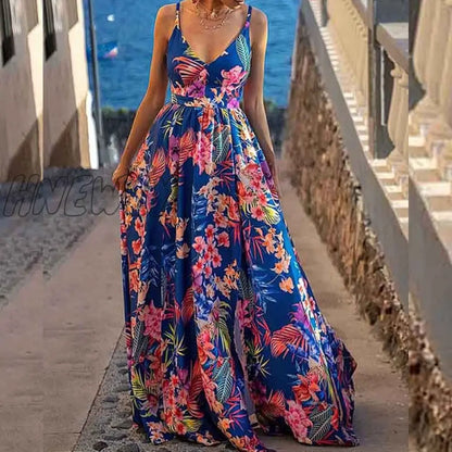 xsrrr Sexy V Neck Floral Print Sling Dress Women Elegant Chic Slit Beach Maxi Dress Summer Fashion Waist Zipper Backless Party Dresses