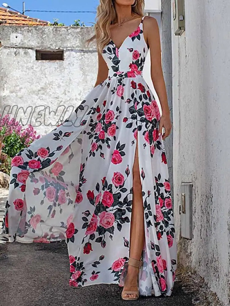 xsrrr Sexy V Neck Floral Print Sling Dress Women Elegant Chic Slit Beach Maxi Dress Summer Fashion Waist Zipper Backless Party Dresses