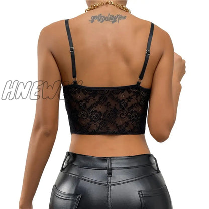 xsrrr Sexy Women Bodycon Crop Tops Black Lace Hem Pleated Cropped Tank Tops See Through Clothes for Summer Clubwear