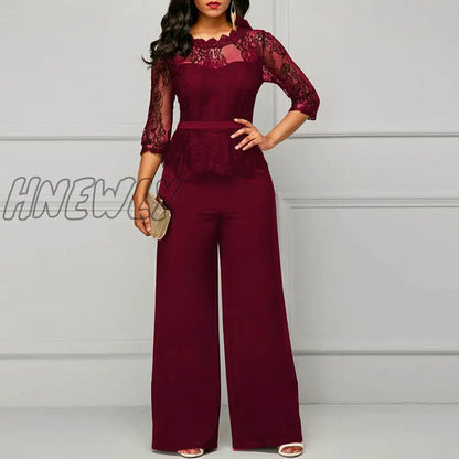 xsrrr Sexy Women Lace Hollow Out Jumpsuit Spring Autumn Solid O-neck Half Sleeve Party Rompers Elegant Office Lady Wide Leg Overalls