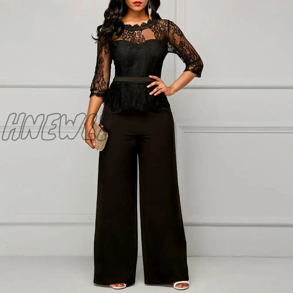 xsrrr Sexy Women Lace Hollow Out Jumpsuit Spring Autumn Solid O-neck Half Sleeve Party Rompers Elegant Office Lady Wide Leg Overalls