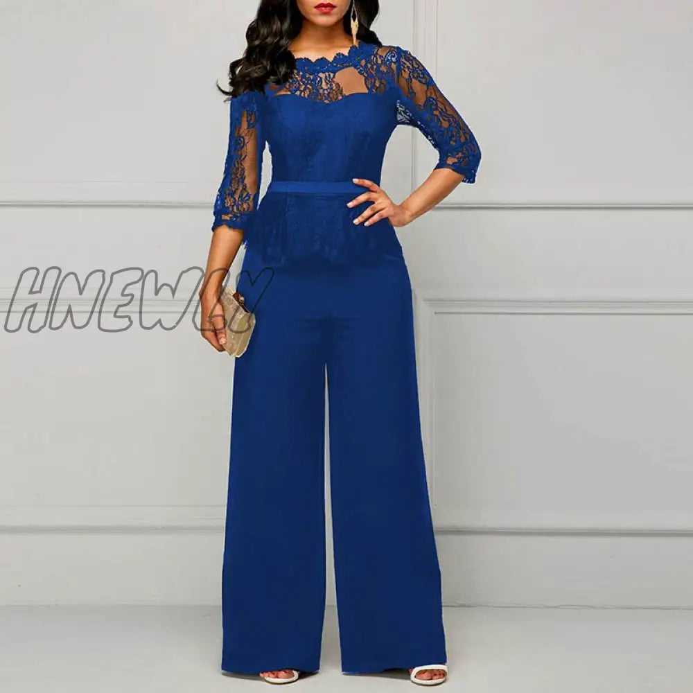 xsrrr Sexy Women Lace Hollow Out Jumpsuit Spring Autumn Solid O-neck Half Sleeve Party Rompers Elegant Office Lady Wide Leg Overalls