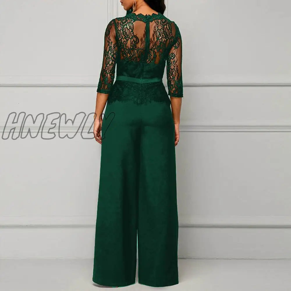 xsrrr Sexy Women Lace Hollow Out Jumpsuit Spring Autumn Solid O-neck Half Sleeve Party Rompers Elegant Office Lady Wide Leg Overalls