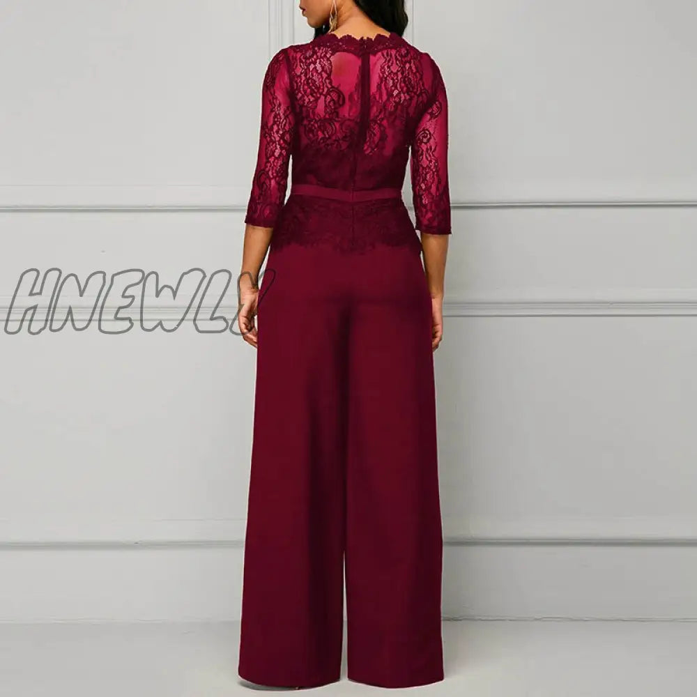 xsrrr Sexy Women Lace Hollow Out Jumpsuit Spring Autumn Solid O-neck Half Sleeve Party Rompers Elegant Office Lady Wide Leg Overalls