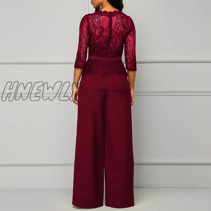 xsrrr Sexy Women Lace Hollow Out Jumpsuit Spring Autumn Solid O-neck Half Sleeve Party Rompers Elegant Office Lady Wide Leg Overalls