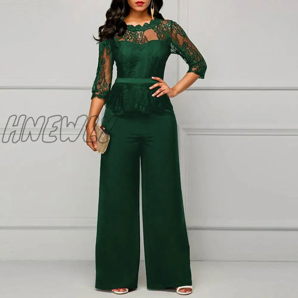 xsrrr Sexy Women Lace Hollow Out Jumpsuit Spring Autumn Solid O-neck Half Sleeve Party Rompers Elegant Office Lady Wide Leg Overalls