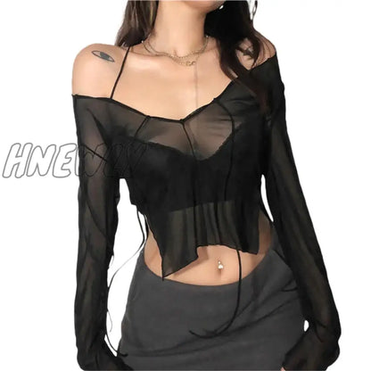 xsrrr Sexy Women Mesh Long Sleeved T Shirt with Adjustable Straps Black See Through V Neck Split Tops Ladies Summer Clothing