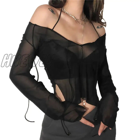 xsrrr Sexy Women Mesh Long Sleeved T Shirt with Adjustable Straps Black See Through V Neck Split Tops Ladies Summer Clothing