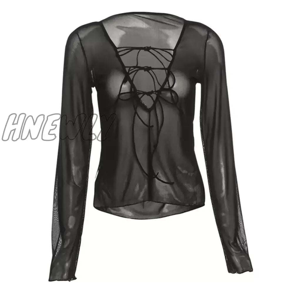 xsrrr Sexy Women Mesh Long Sleeved T Shirt with Adjustable Straps Black See Through V Neck Split Tops Ladies Summer Clothing