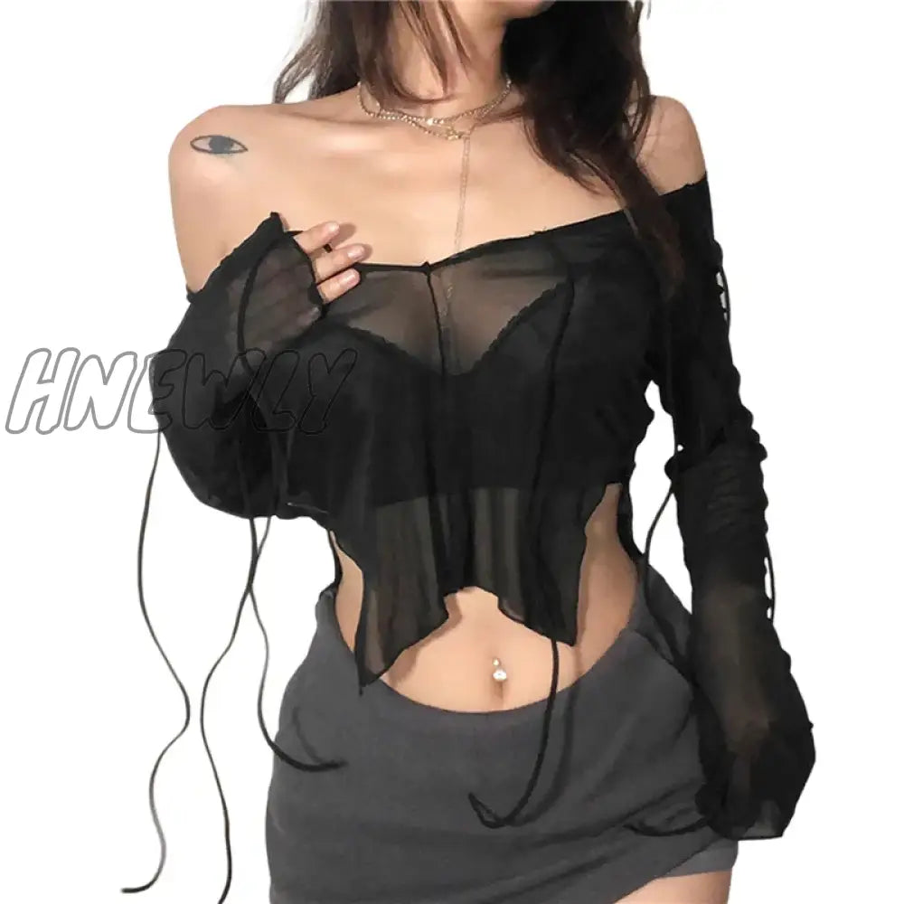 xsrrr Sexy Women Mesh Long Sleeved T Shirt with Adjustable Straps Black See Through V Neck Split Tops Ladies Summer Clothing