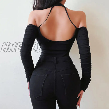 xsrrr Sexy Women¡¯s Autumn Long-sleeved Bodysuit Fashion Solid Color Hollow Off-shoulder Half High Collar Jumpsuit Bottoming Clothes