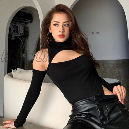 xsrrr Sexy Women¡¯s Autumn Long-sleeved Bodysuit Fashion Solid Color Hollow Off-shoulder Half High Collar Jumpsuit Bottoming Clothes