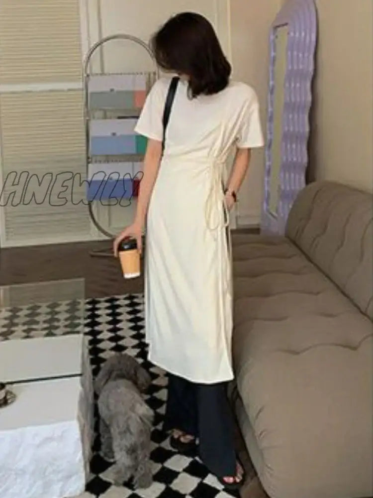 xsrrr Short Sleeve Dress Women Summer Daily Lace-up Side Slit A-line Midi Solid Korean Style Fashion Casual Vestido Feminino Simple