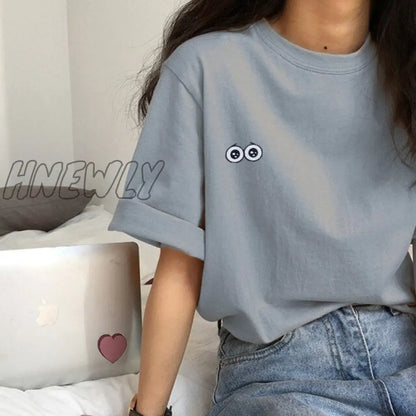 Hnewly Short Sleeve T-shirts Women Summer Embroidery Loose Korean Style Simple All-match Trendy Causal Chic Girls Ins BF Tees Daily New Trendy Summer Fits