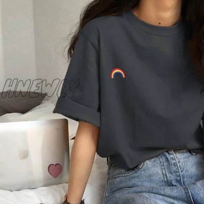 Hnewly Short Sleeve T-shirts Women Summer Embroidery Loose Korean Style Simple All-match Trendy Causal Chic Girls Ins BF Tees Daily New Trendy Summer Fits