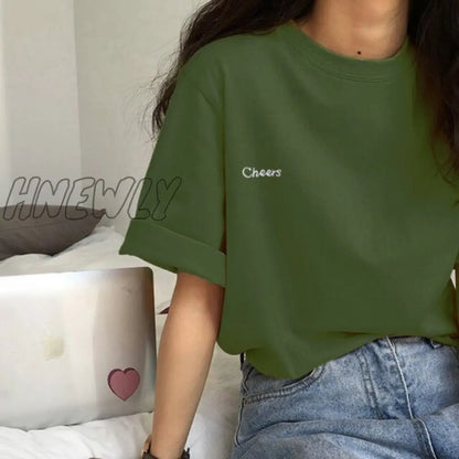 Hnewly Short Sleeve T-shirts Women Summer Embroidery Loose Korean Style Simple All-match Trendy Causal Chic Girls Ins BF Tees Daily New Trendy Summer Fits