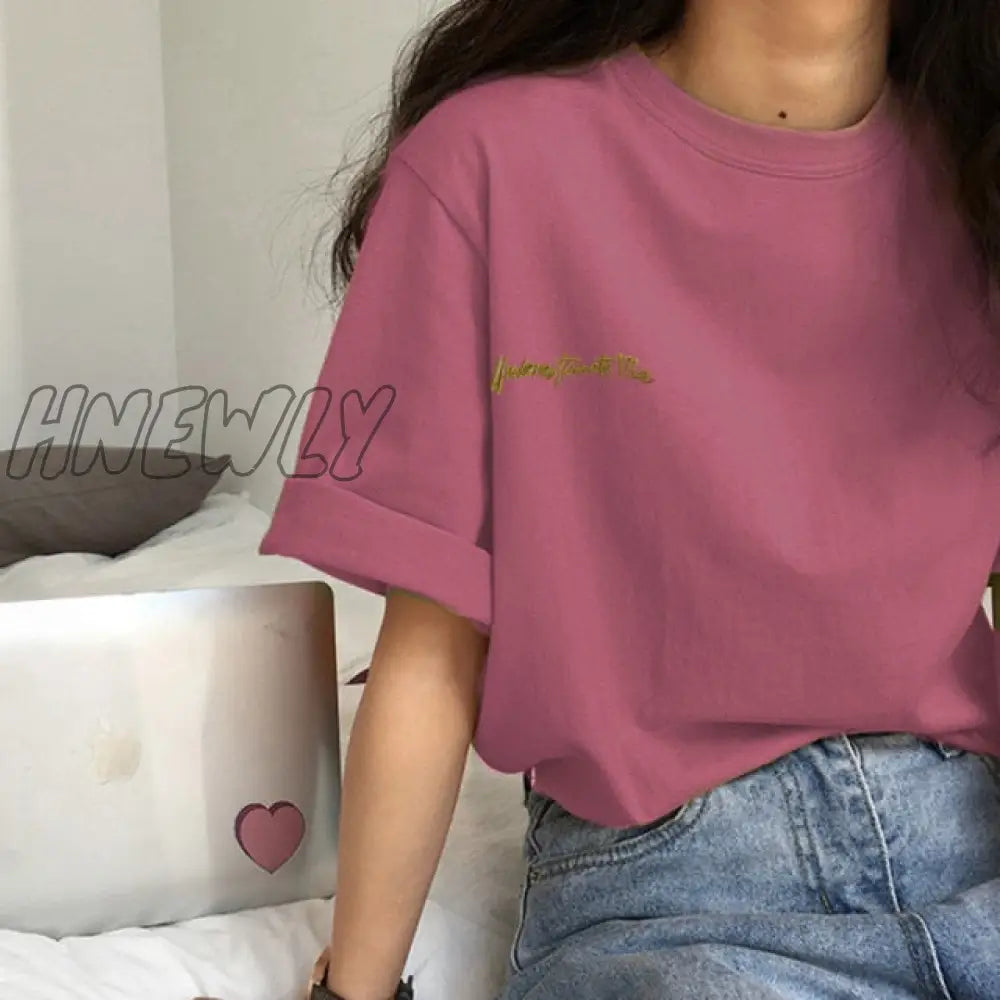 Hnewly Short Sleeve T-shirts Women Summer Embroidery Loose Korean Style Simple All-match Trendy Causal Chic Girls Ins BF Tees Daily New Trendy Summer Fits