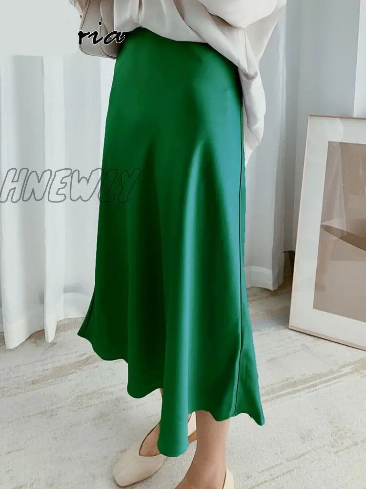 Hnewly Silk Satin Skirts for Women High Waisted Skirt Women A-Line Elegant Skirts Summer Pink Midi Skirt New Korean Style