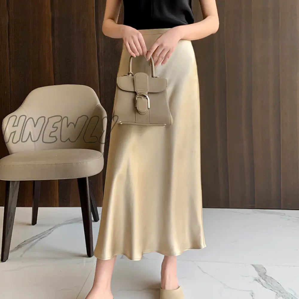 Hnewly Silk Satin Skirts for Women High Waisted Skirt Women A-Line Elegant Skirts Summer Pink Midi Skirt New Korean Style