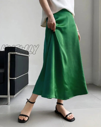 Hnewly Silk Satin Skirts for Women High Waisted Skirt Women A-Line Elegant Skirts Summer Pink Midi Skirt New Korean Style