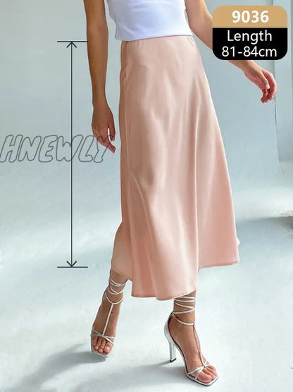 Hnewly Silk Satin Skirts for Women High Waisted Skirt Women A-Line Elegant Skirts Summer Pink Midi Skirt New Korean Style