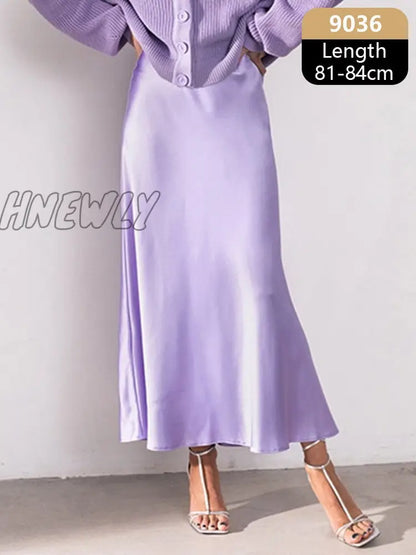 Hnewly Silk Satin Skirts for Women High Waisted Skirt Women A-Line Elegant Skirts Summer Pink Midi Skirt New Korean Style