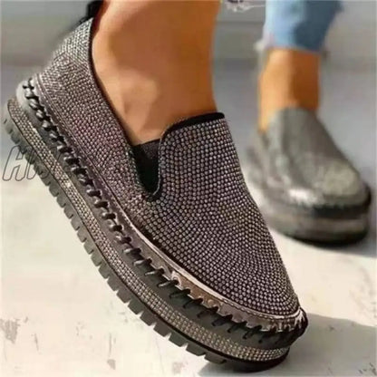 xsrrr - Silver Casual Patchwork Rhinestone Round Comfortable Out Door Flats Shoes