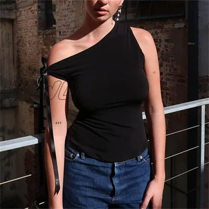 Hnewly Slash Neck Lace up Slim Fit Cropped Tops Women y2k Bow Strappy T-shirt Clubwear Vintage Tank Tops Summer Vest Streetwear