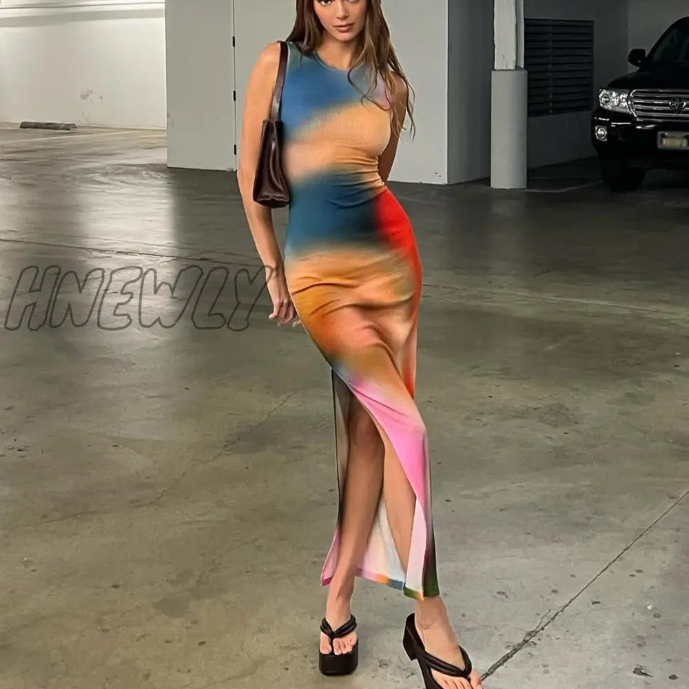 xsrrr Sleeveless Backless Maxi Dress Women Summer Bodycon Elegant Sexy Tie Dye Outfits Ladies Birthday Party Club Sundress