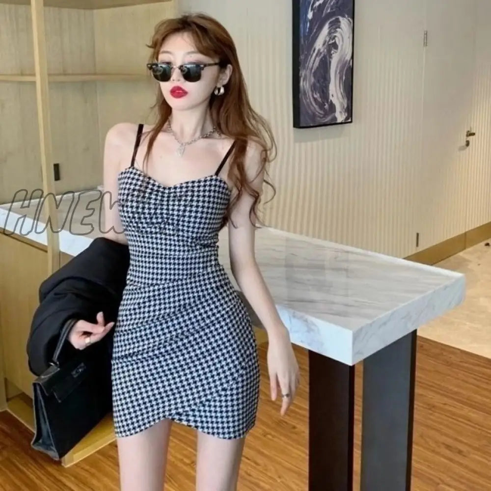 xsrrr Sleeveless Dress Women Sexy Backless Houndstooth Teens Trendy Ins Body-con Slim Spaghetti Strap Vestido Summer Sheath Ulzzang