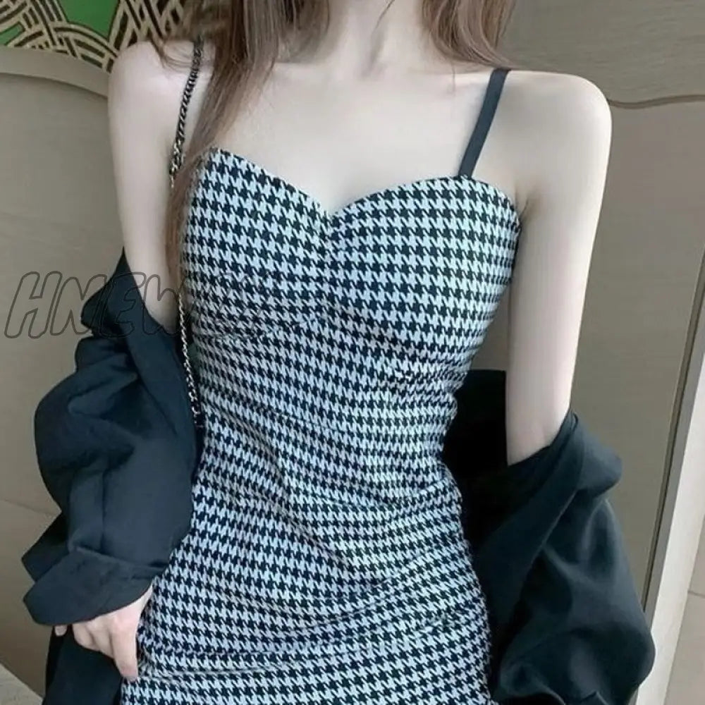 xsrrr Sleeveless Dress Women Sexy Backless Houndstooth Teens Trendy Ins Body-con Slim Spaghetti Strap Vestido Summer Sheath Ulzzang