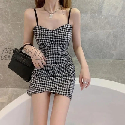 xsrrr Sleeveless Dress Women Sexy Backless Houndstooth Teens Trendy Ins Body-con Slim Spaghetti Strap Vestido Summer Sheath Ulzzang