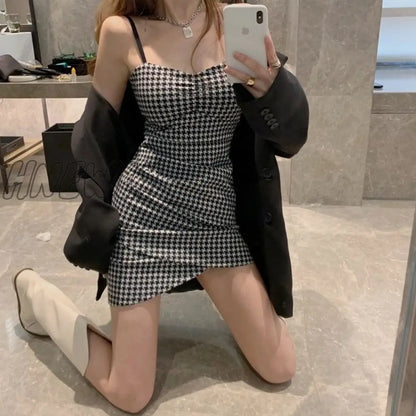 xsrrr Sleeveless Dress Women Sexy Backless Houndstooth Teens Trendy Ins Body-con Slim Spaghetti Strap Vestido Summer Sheath Ulzzang