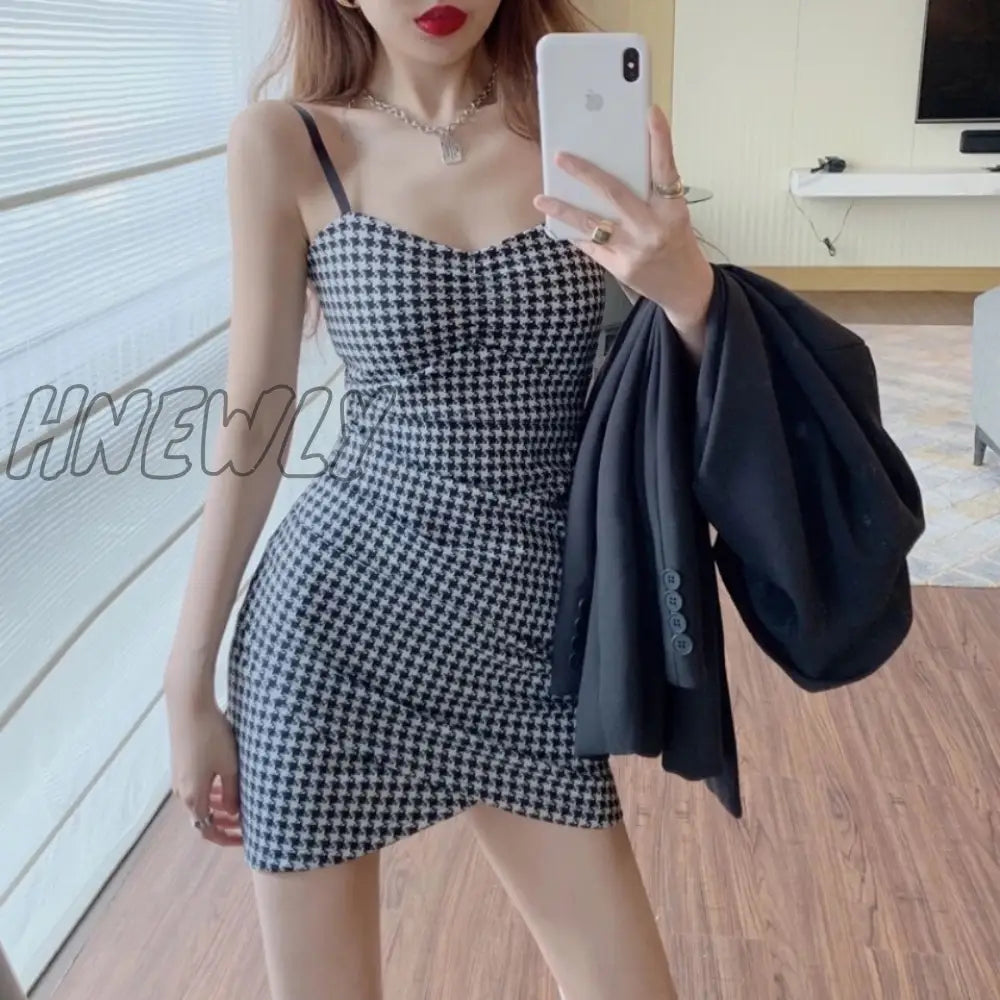 xsrrr Sleeveless Dress Women Sexy Backless Houndstooth Teens Trendy Ins Body-con Slim Spaghetti Strap Vestido Summer Sheath Ulzzang