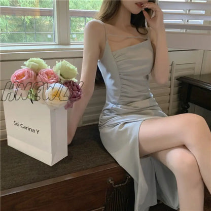 xsrrr Sleeveless Dresses Women Solid Folds Mid-calf Fashion Casual Sexy Side Slit Elegant Sweet Females Slim Summer New Платье Женское