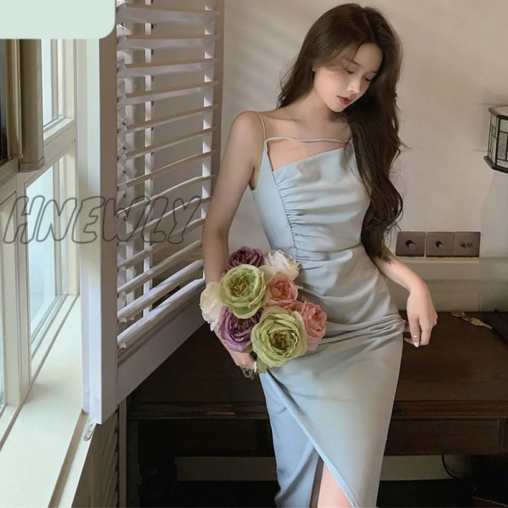 xsrrr Sleeveless Dresses Women Solid Folds Mid-calf Fashion Casual Sexy Side Slit Elegant Sweet Females Slim Summer New Платье Женское