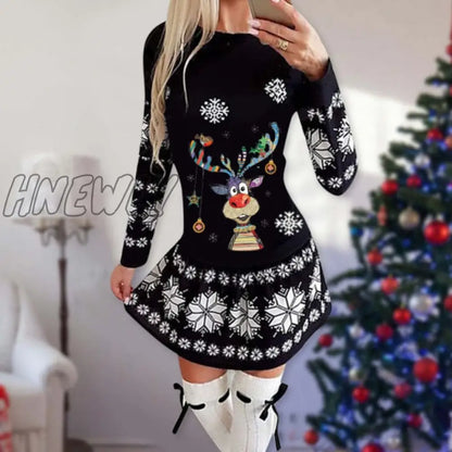 xsrrr Snowflake Deer Print Christmas Dress Women O-neck Long Sleeve Autumn Winter Casual Cute Mini Slim Festival Party Dresses