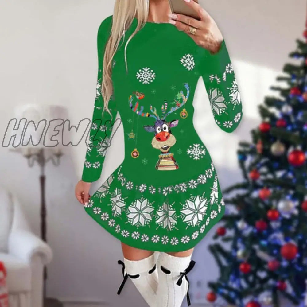 xsrrr Snowflake Deer Print Christmas Dress Women O-neck Long Sleeve Autumn Winter Casual Cute Mini Slim Festival Party Dresses