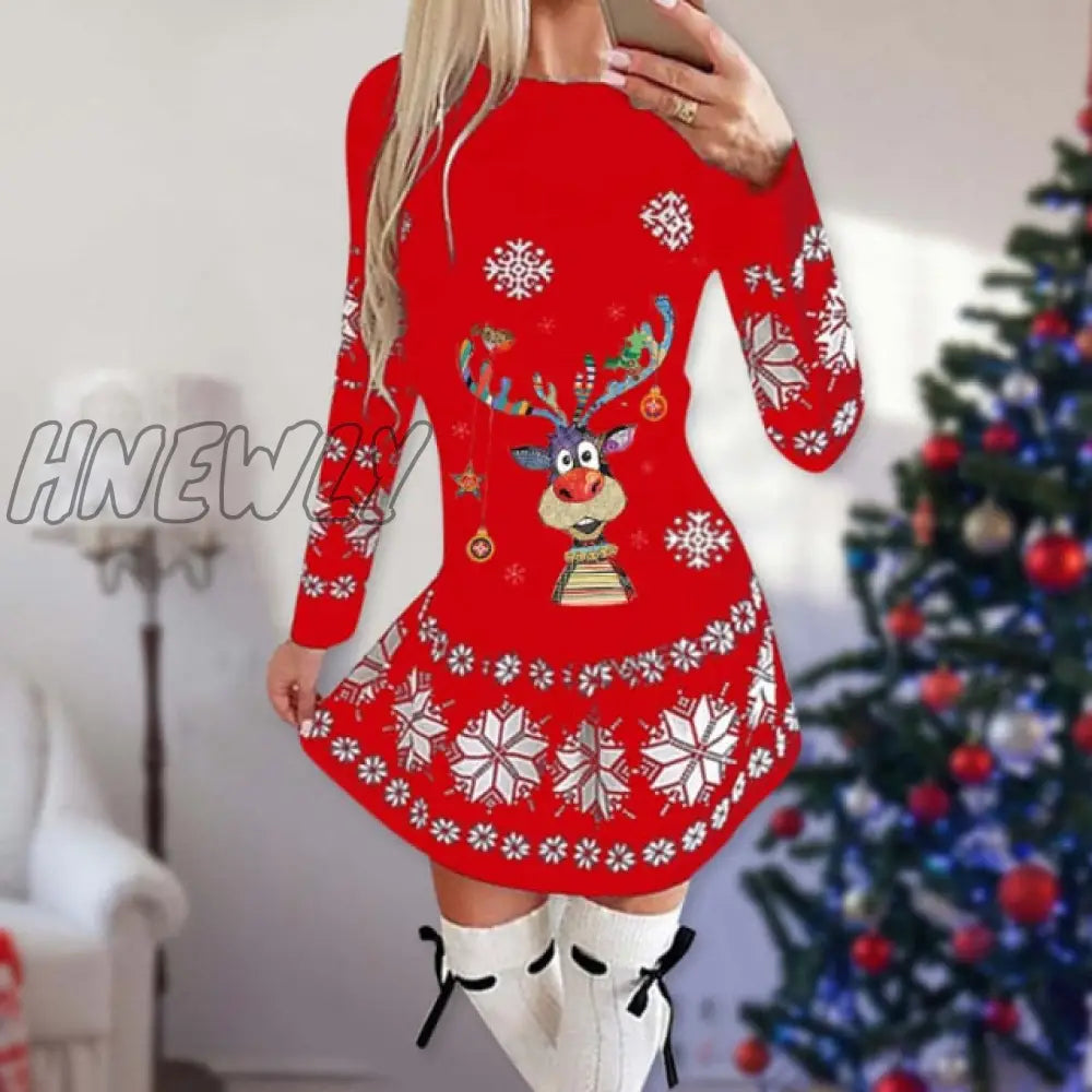 xsrrr Snowflake Deer Print Christmas Dress Women O-neck Long Sleeve Autumn Winter Casual Cute Mini Slim Festival Party Dresses