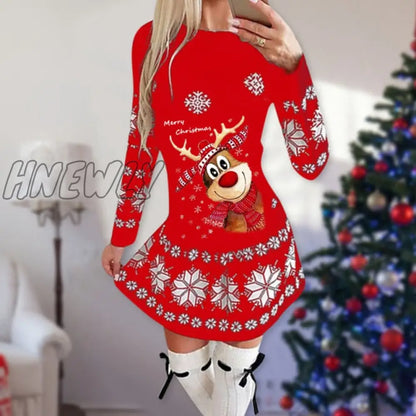 xsrrr Snowflake Deer Print Christmas Dress Women O-neck Long Sleeve Autumn Winter Casual Cute Mini Slim Festival Party Dresses