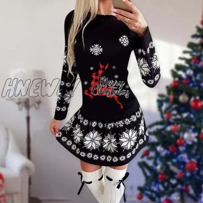 xsrrr Snowflake Deer Print Christmas Dress Women O-neck Long Sleeve Autumn Winter Casual Cute Mini Slim Festival Party Dresses