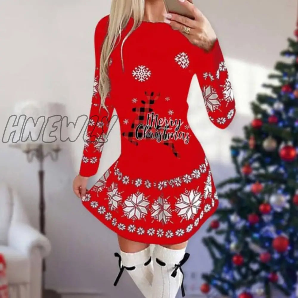 xsrrr Snowflake Deer Print Christmas Dress Women O-neck Long Sleeve Autumn Winter Casual Cute Mini Slim Festival Party Dresses